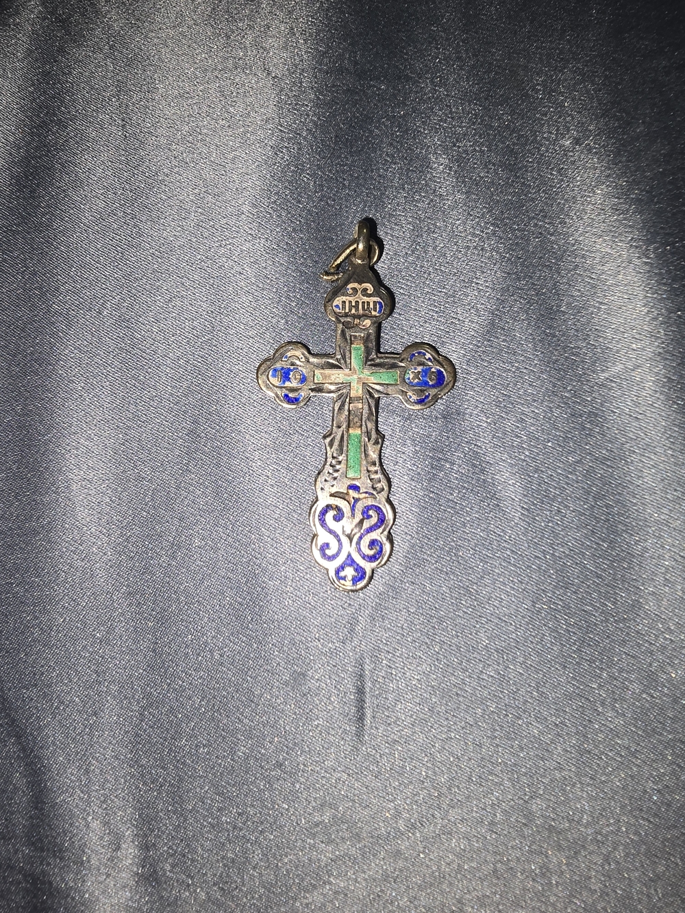 Enamel Cross Pendant with Blue and Green Accents 925 Vintage Pendant